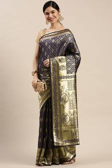 Blue Woven Banarasi silk blend Saree With Blouse