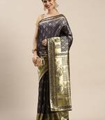 Blue Woven Banarasi silk blend Saree With Blouse