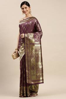 Purple Woven Banarasi silk blend Saree With Blouse