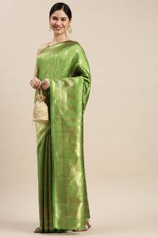 Green Woven Banarasi silk blend Saree With Blouse