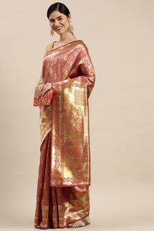 Pink Woven Banarasi silk blend Saree With Blouse