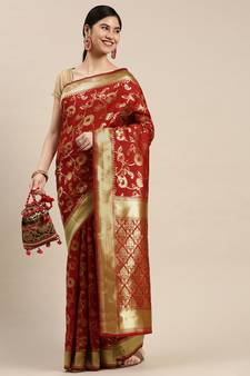 Red Woven Banarasi silk blend Saree With Blouse