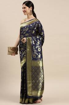 Blue Woven Banarasi silk blend Saree With Blouse