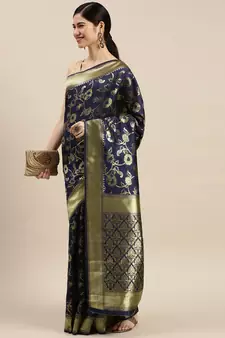 Blue Woven Banarasi silk blend Saree With Blouse