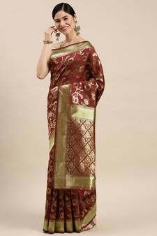 Maroon Woven Banarasi silk blend Saree With Blouse