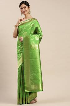 Green Woven Banarasi silk blend Saree With Blouse
