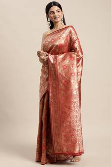 Red Woven Banarasi silk blend Saree With Blouse