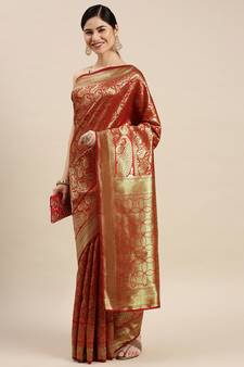 Red Woven Banarasi silk blend Saree With Blouse
