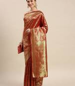 Red Woven Banarasi silk blend Saree With Blouse