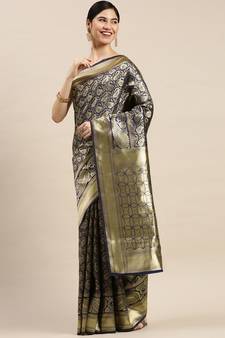 Blue Woven Banarasi silk blend Saree With Blouse