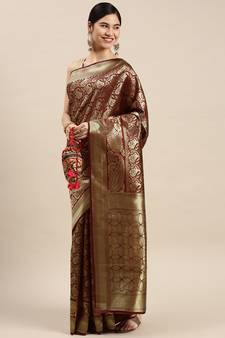 Maroon Woven Banarasi silk blend Saree With Blouse