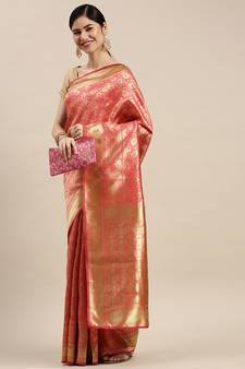 Pink Woven Banarasi silk blend Saree With Blouse