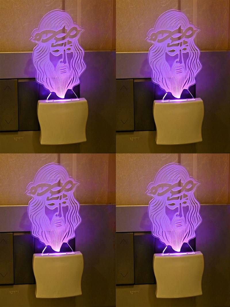 3D Illusion Jesus Wearing Spiky Crown LED Plug & Play Wall Lamp , Pack Of 4