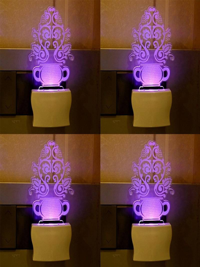 Acrylic 3D Illusion Attractive Flower Pot LED Plug & Play Wall Lamp, Pack Of 4