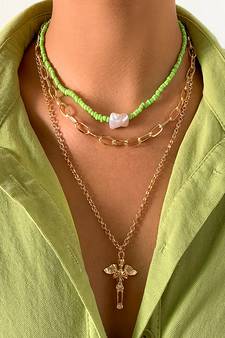 AQUASTREET Gold Plated  Green Beaded Layered Necklace