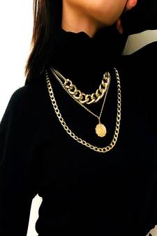 AQUASTREET Layered Golden Coin Chain Boho Jewelry Chunky Curb Chain Thick Necklace Alloy