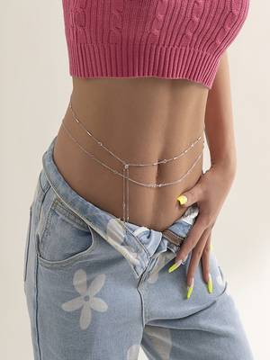 AQUASTREET Set Of 2 Silver Plated  Stone Studded Layered Waist Chain 4