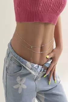AQUASTREET Set Of 2 Silver Plated  Stone Studded Layered Waist Chain