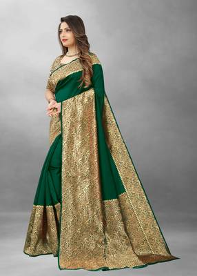 Green Woven Banarasi silk blend Saree With Blouse 3