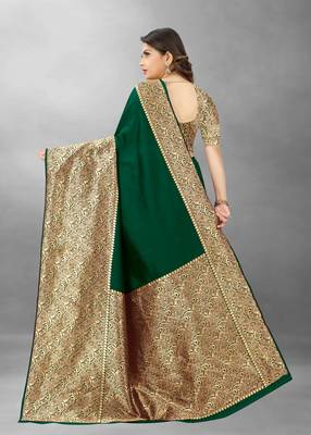 Green Woven Banarasi silk blend Saree With Blouse 4