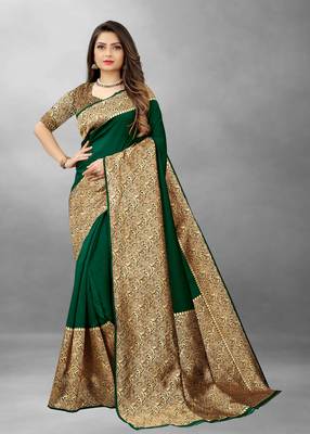 Green Woven Banarasi silk blend Saree With Blouse 5