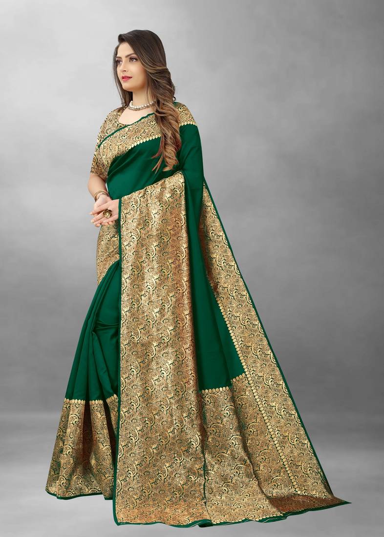Green Woven Banarasi silk blend Saree With Blouse