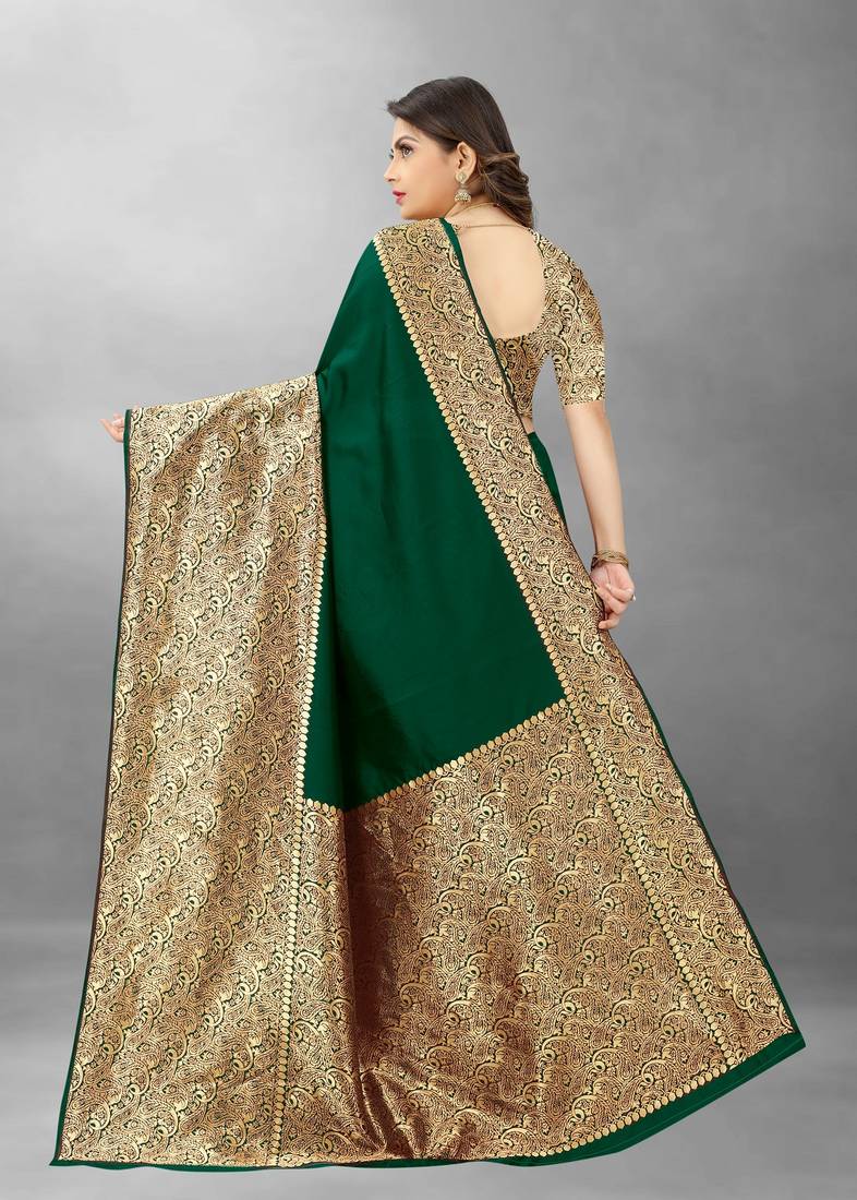 Green Woven Banarasi silk blend Saree With Blouse