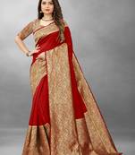 Red Woven Banarasi silk blend Saree With Blouse