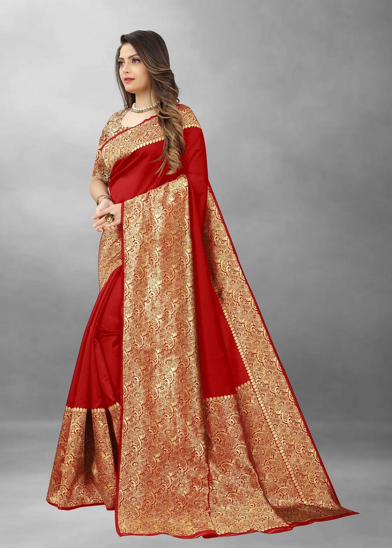 Red Woven Banarasi silk blend Saree With Blouse