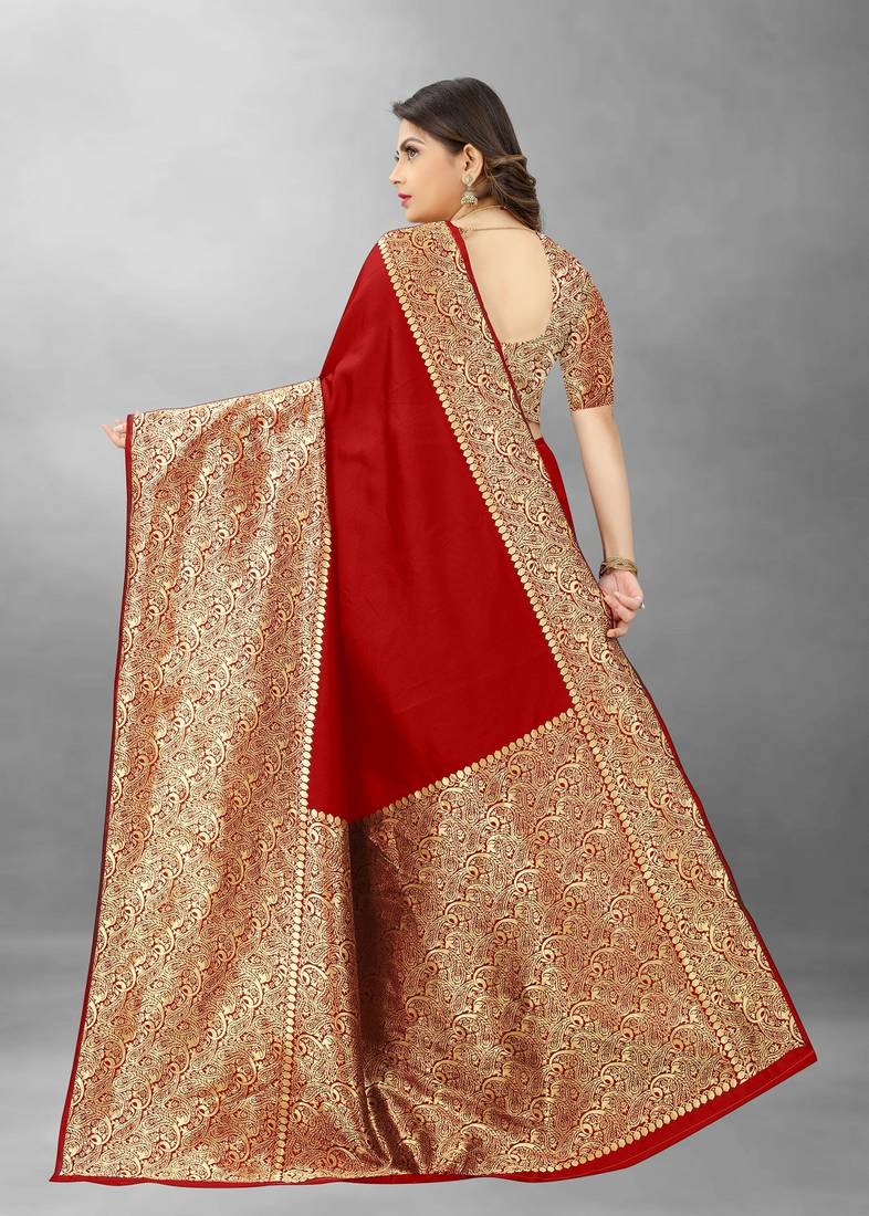 Red Woven Banarasi silk blend Saree With Blouse