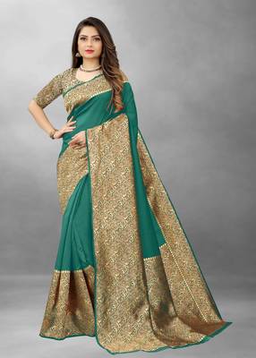 Green Woven Banarasi silk blend Saree With Blouse 1