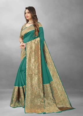 Green Woven Banarasi silk blend Saree With Blouse 3