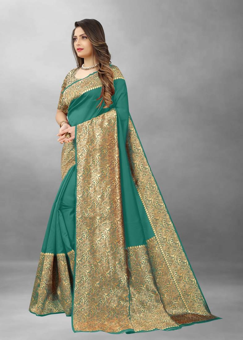 Green Woven Banarasi silk blend Saree With Blouse