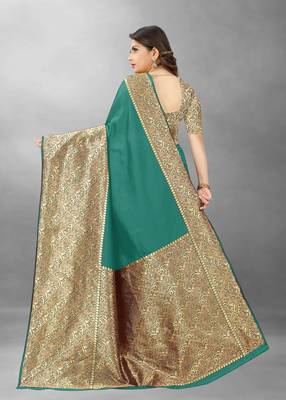 Green Woven Banarasi silk blend Saree With Blouse 4