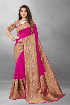 Pink Woven Banarasi silk blend Saree With Blouse