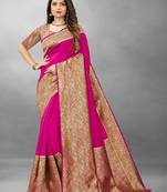 Pink Woven Banarasi silk blend Saree With Blouse