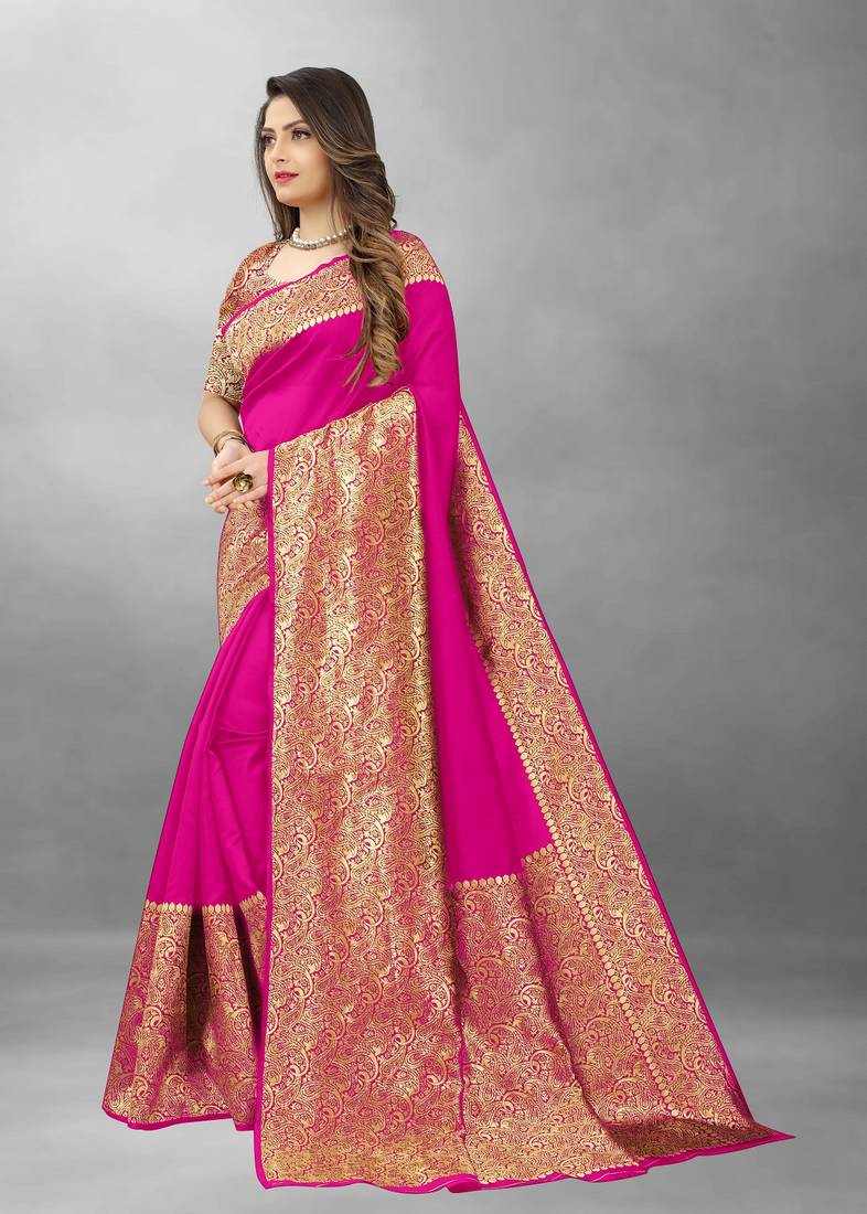 Pink Woven Banarasi silk blend Saree With Blouse