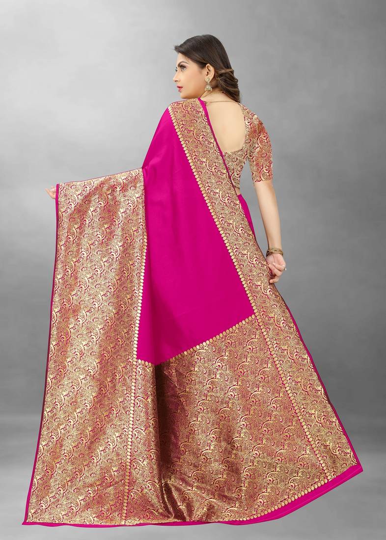 Pink Woven Banarasi silk blend Saree With Blouse