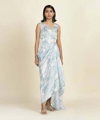 Dusty Blue Draped Dress With Organza Overlay 2