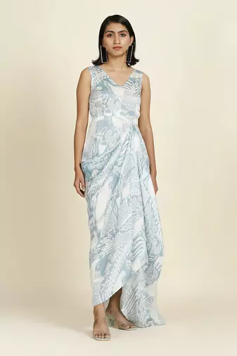 Dusty Blue Draped Dress With Organza Overlay