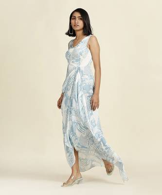 Dusty Blue Draped Dress With Organza Overlay 3