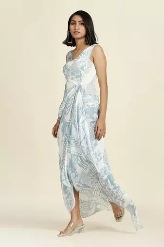 Dusty Blue Draped Dress With Organza Overlay