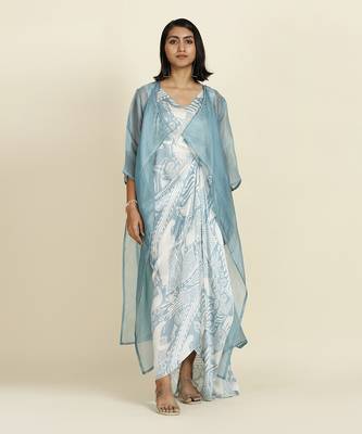 Dusty Blue Draped Dress With Organza Overlay 1