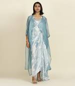 Dusty Blue Draped Dress With Organza Overlay