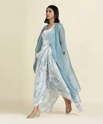 Dusty Blue Draped Dress With Organza Overlay 5