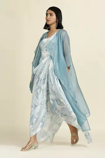 Dusty Blue Draped Dress With Organza Overlay
