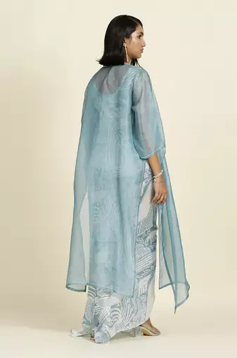 Dusty Blue Draped Dress With Organza Overlay