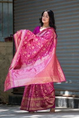 Pink Woven Banarasi Saree With Blouse 5