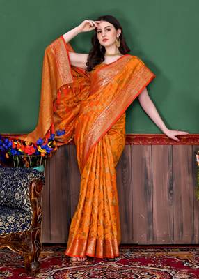 Korams Design Orange Zari Woven Banarasi Silk Saree with Unstitched Blouse 1