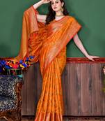 Korams Design Orange Zari Woven Banarasi Silk Saree with Unstitched Blouse